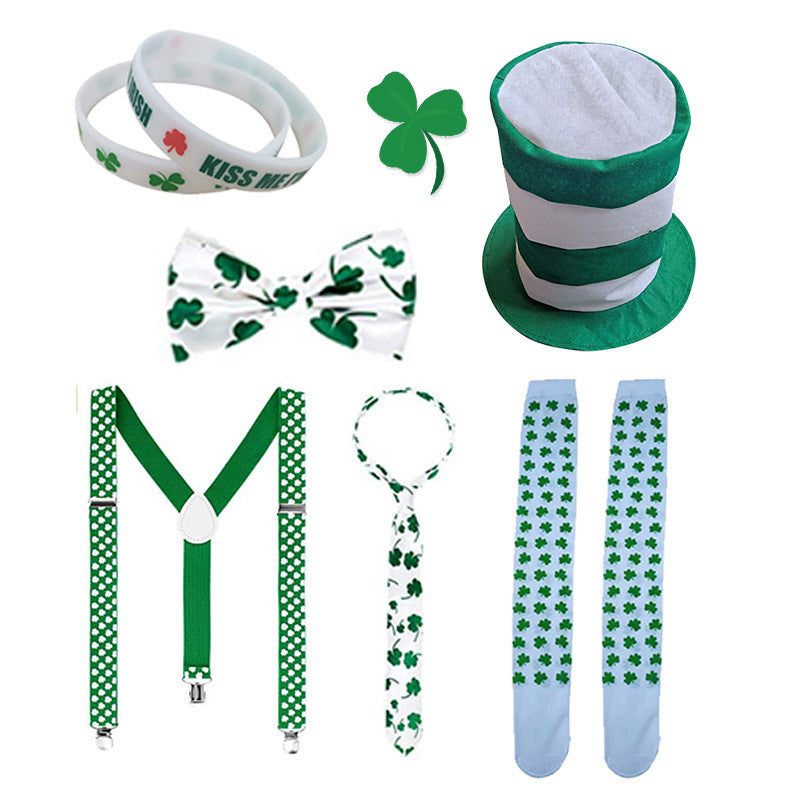 Clover Bracelet Strap White And Green Striped Hat Stockings Irish Suit: St Patrick's Day Set